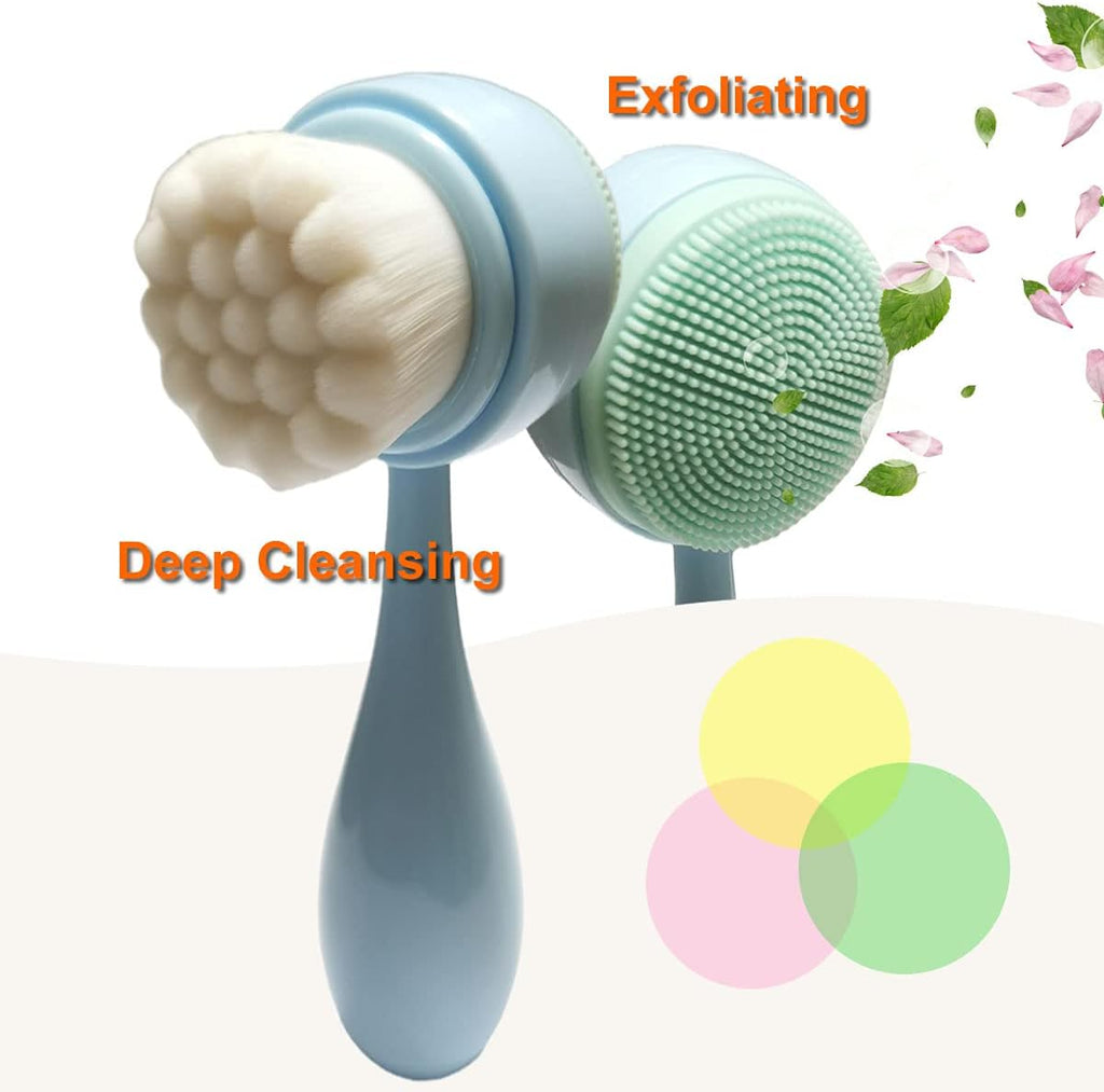 Facial Brush - Double Side Soft Bristles & Silicone Massage Brush - Blue - Deep Cleansing, Exfoliating, Softening, Massaging