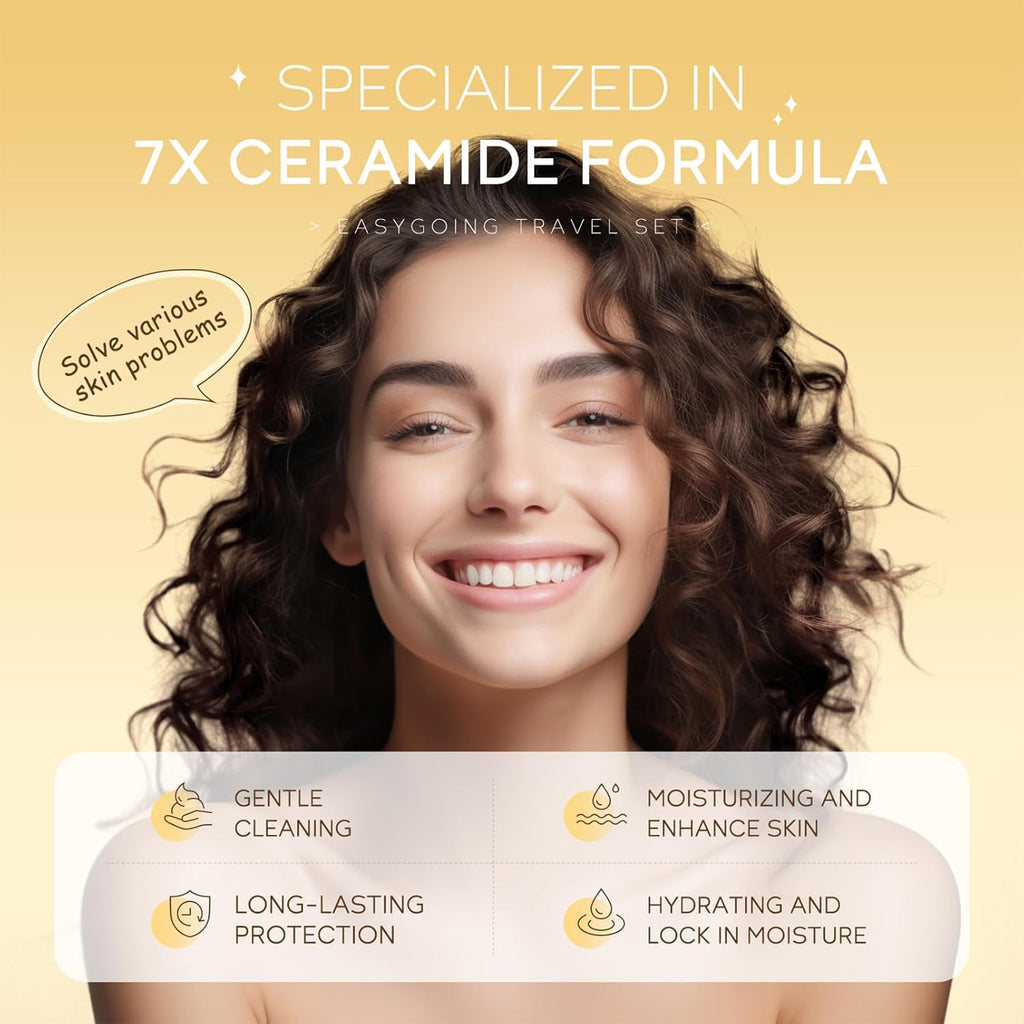 Ceramide Skincare Set丨Travel Friendly Face Routine Set for Women/Girls丨Beauty Christmas Gift Sets Skin Care Set Gifts for Women and Teenage Girls with Cleanser, Serum, Sunscreen, Cream 4Pcs