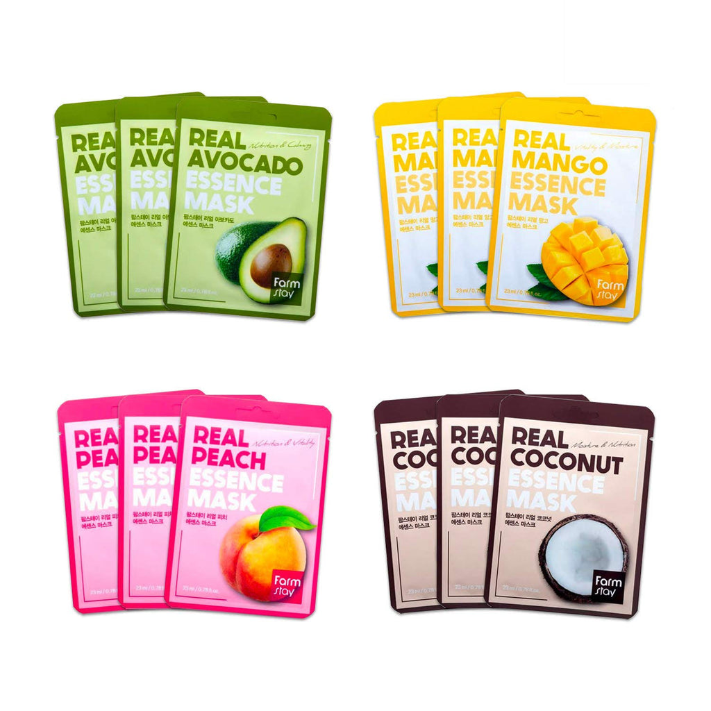 ] Real Essence Mask(12-Combo) - Mango, Coconut, Peach, Avocado | Korean Skin Care Mask Sheet