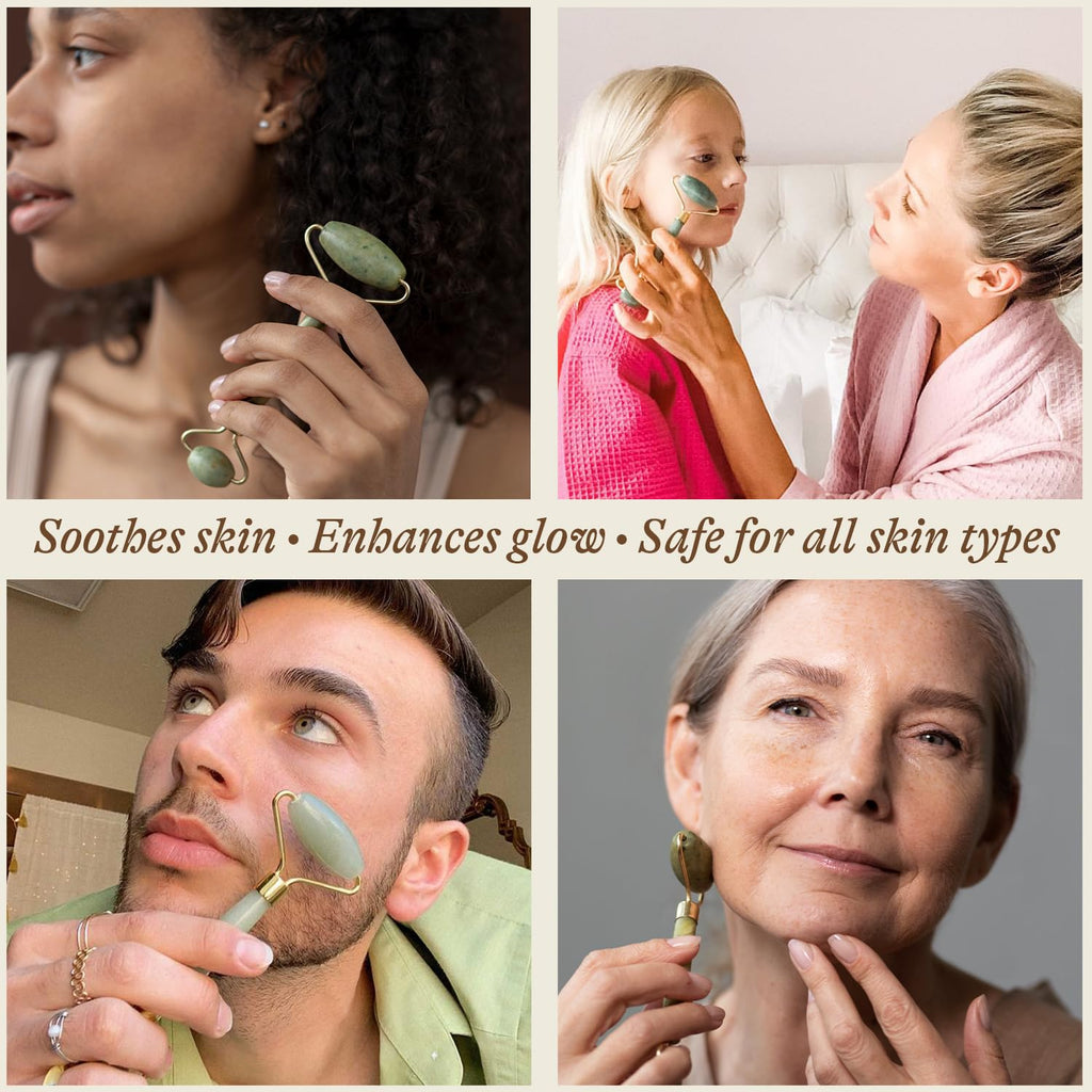 Jade Roller for Face - Smoothes Fine Lines & Wrinkles, Face Massager Skin Care Tools with Small Eye Roller for Puffy Eyes, De-Puffing & Firming Facial Tool, Self Care Gifts for Women