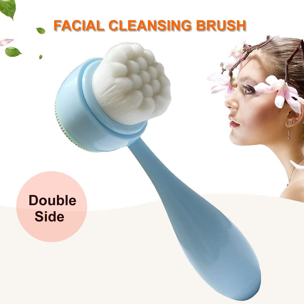 Facial Brush - Double Side Soft Bristles & Silicone Massage Brush - Blue - Deep Cleansing, Exfoliating, Softening, Massaging