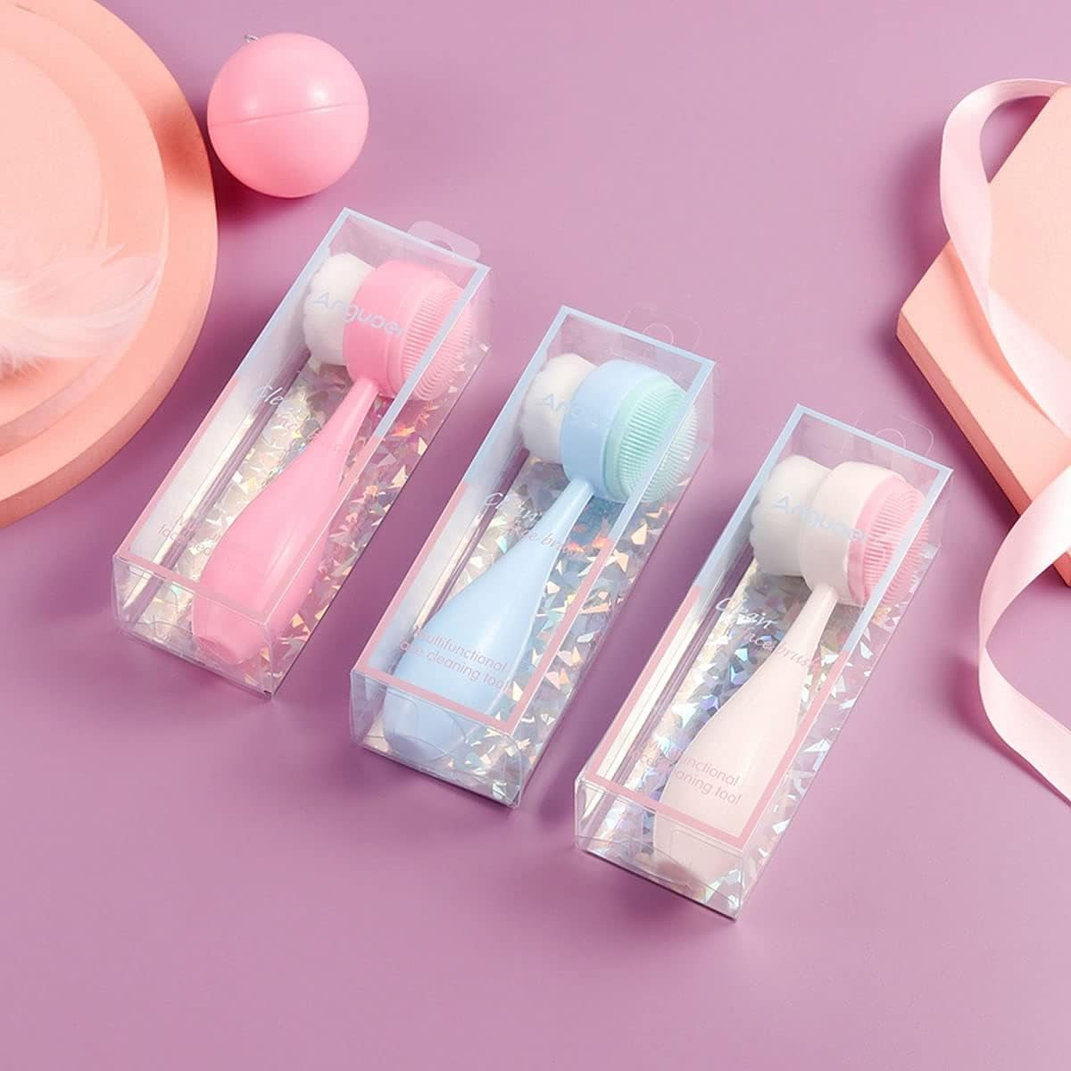 Facial Brush - Double Side Soft Bristles & Silicone Massage Brush - Blue - Deep Cleansing, Exfoliating, Softening, Massaging