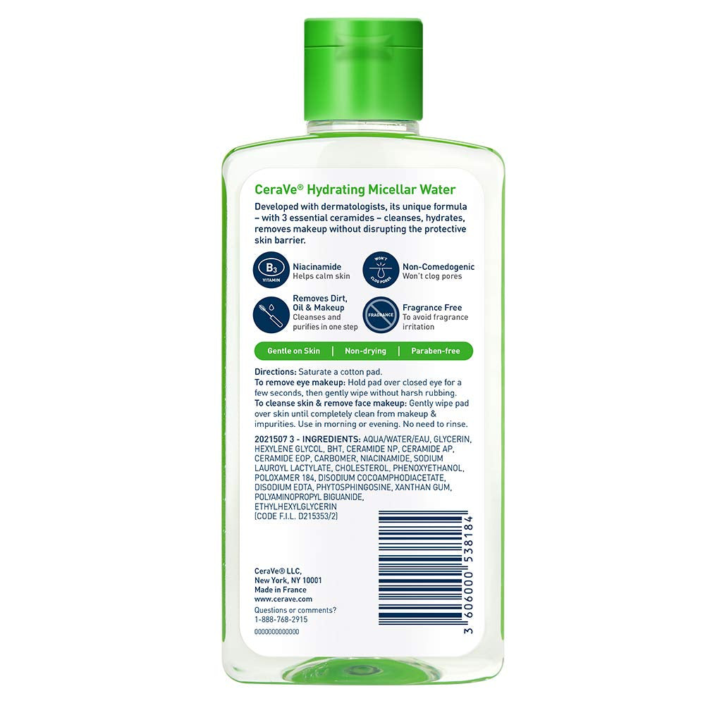 Micellar Water, Hydrating Facial Cleanser & Eye Makeup Remover with Niacinamide, Ceramides & Glycerin, Fragrance-Free & Non-Irritating, 10 Fluid Ounces
