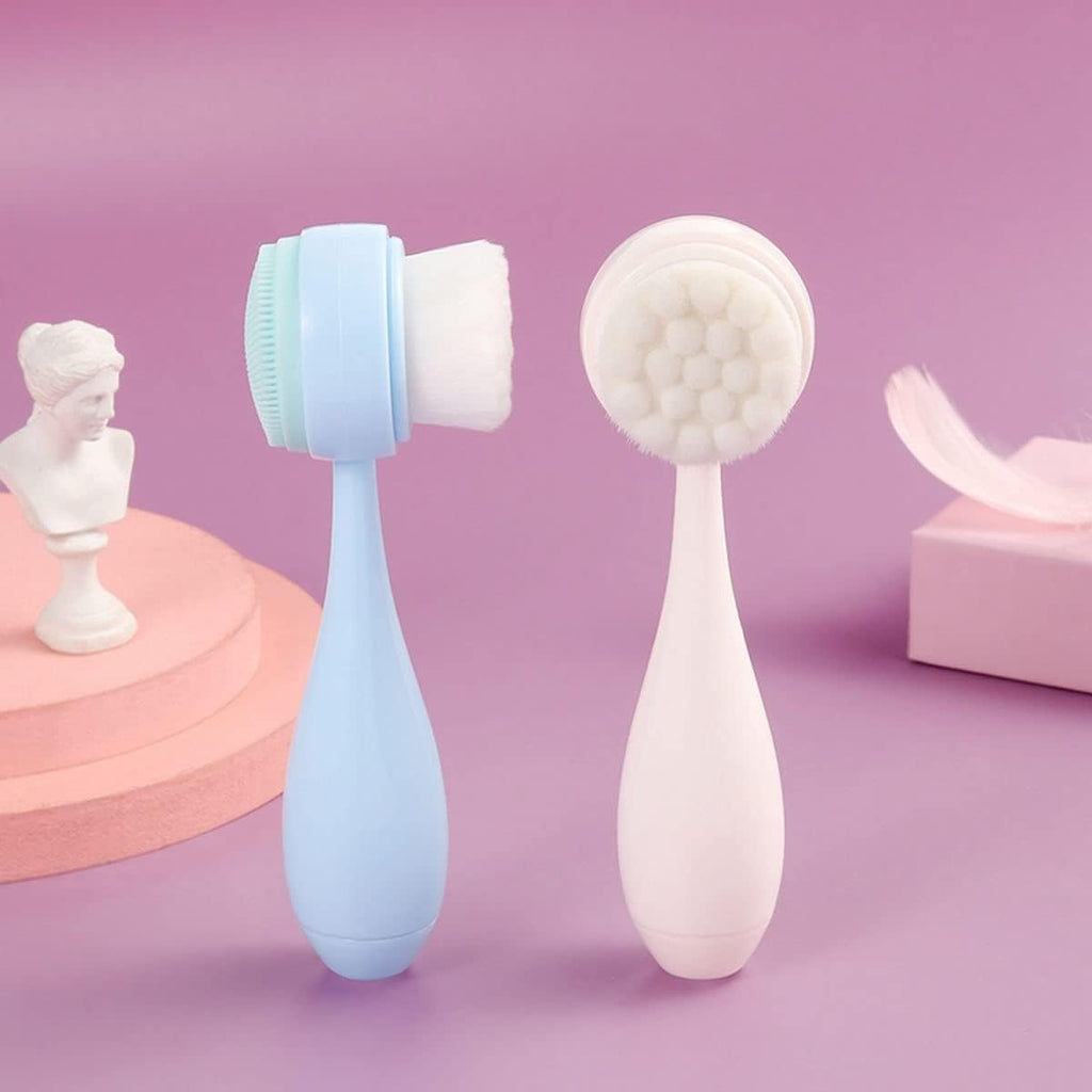 Facial Brush - Double Side Soft Bristles & Silicone Massage Brush - Blue - Deep Cleansing, Exfoliating, Softening, Massaging