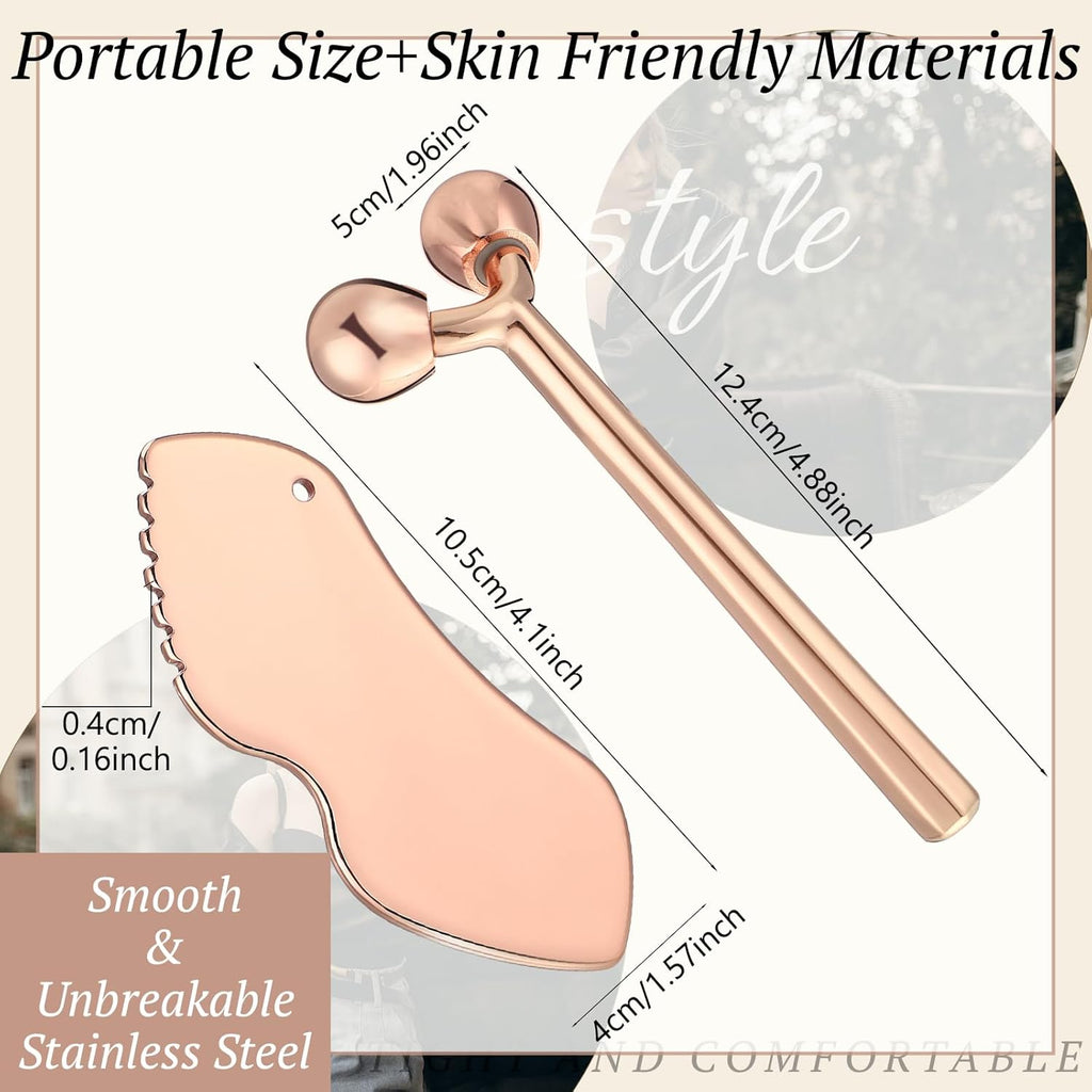 2 Pcs Stainless Steel Gua Sha Facial Tools Face Massager Roller Set Face Sculpting Tool Skin Scraper Body Lymphatic Drainage Massager Stone Metal Guasha for Women Facial Skin Care Gifts