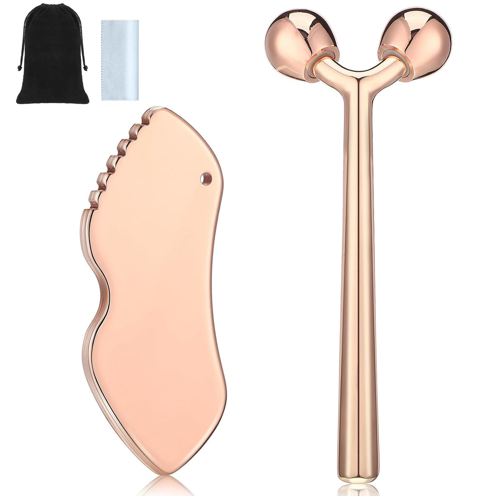 2 Pcs Stainless Steel Gua Sha Facial Tools Face Massager Roller Set Face Sculpting Tool Skin Scraper Body Lymphatic Drainage Massager Stone Metal Guasha for Women Facial Skin Care Gifts