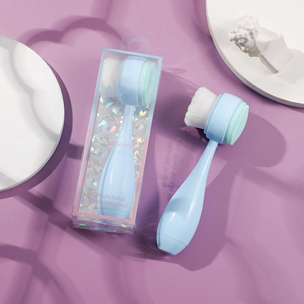 Facial Brush - Double Side Soft Bristles & Silicone Massage Brush - Blue - Deep Cleansing, Exfoliating, Softening, Massaging