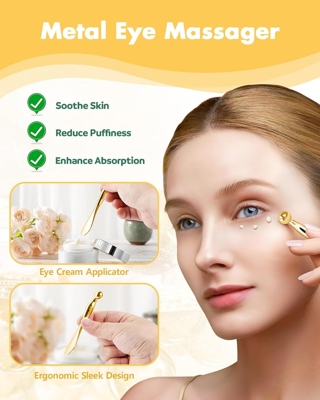 Silicone Forehead Wrinkle Patch - Non-Glue Reusable Forehead Wrinkle Patch and Eye Patches Set, Silicone Patches for Wrinkles, for Use with Face Cream or Lotion, Metal Eye Massage Stick&Tin Case, Gold
